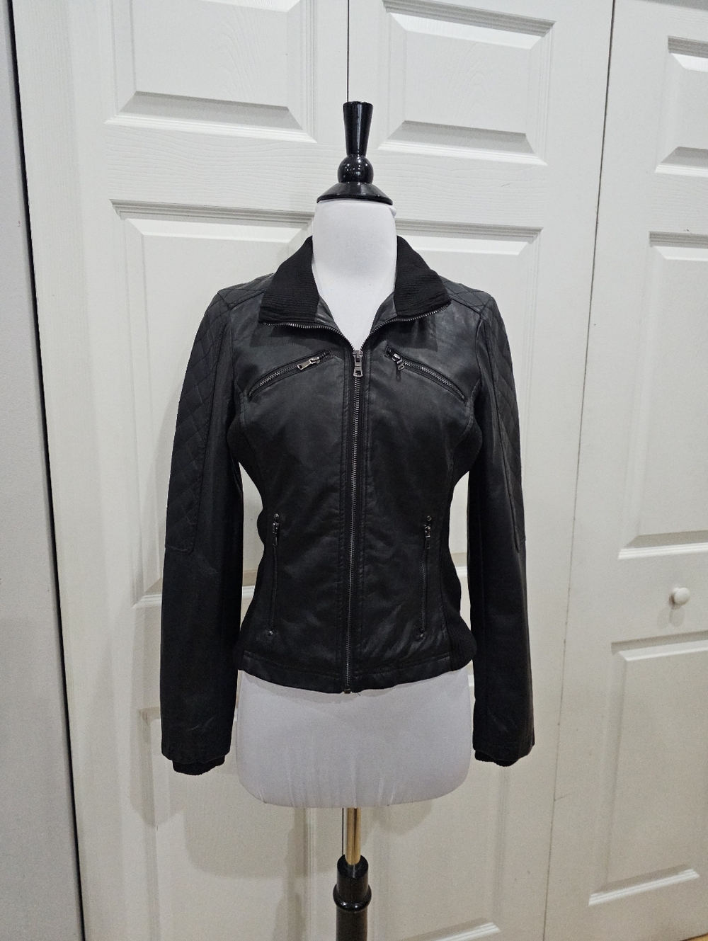 Therapy Lane Crawford Black Quilted Faux Leather Bomber Knit Zip Jacket Coat S - Picture 9 of 11